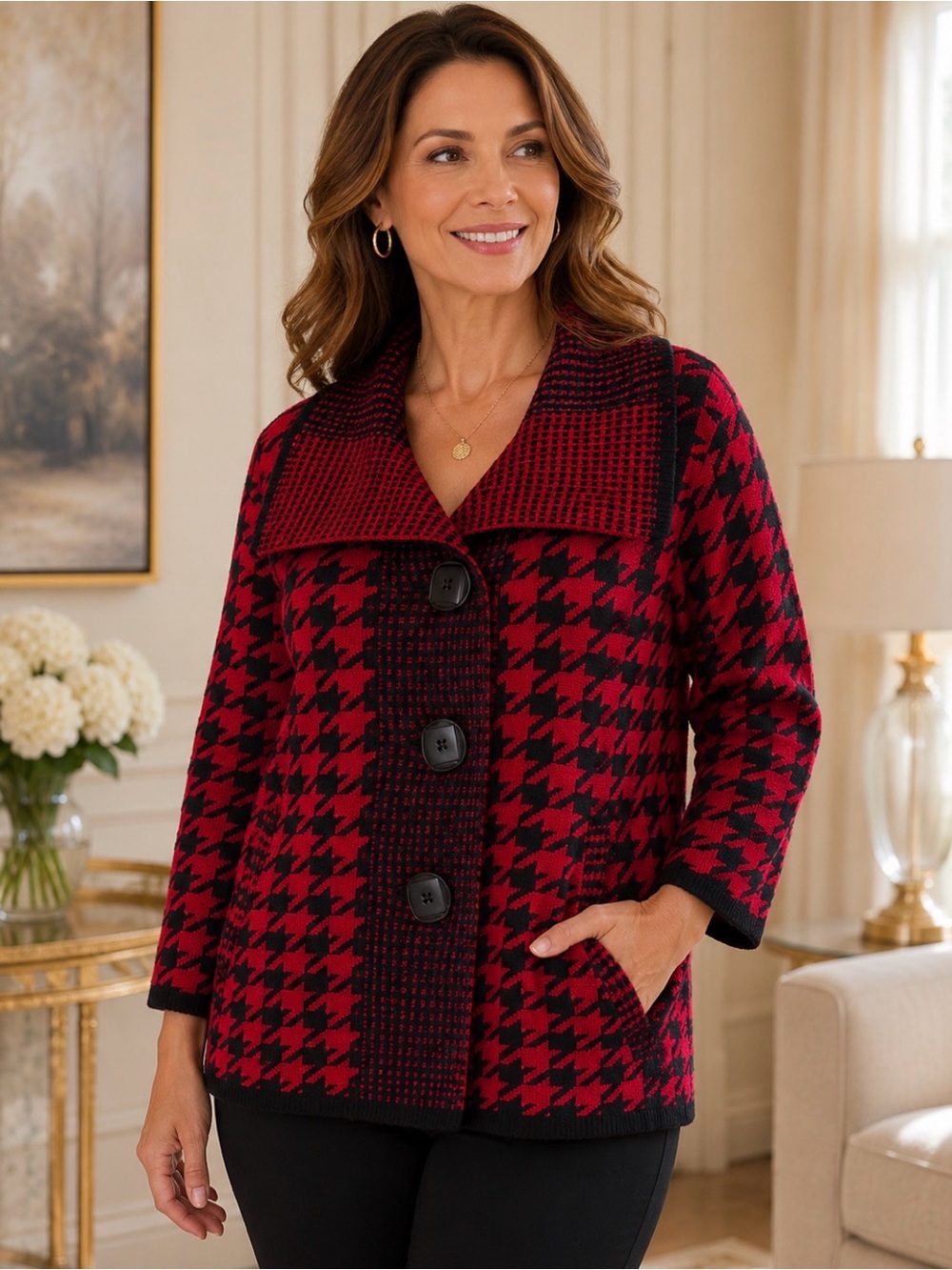 Sioni Studio XL Red Black Houndstooth Cardigan Sweater Jacket Statement Knit